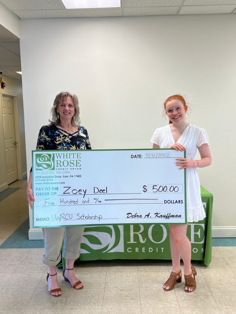 Pictured is Deb Kauffman, President and CEO of White Rose Credit Union, and Zoey Deel, a 2022 White Rose Credit Union Scholarship Recipient. 