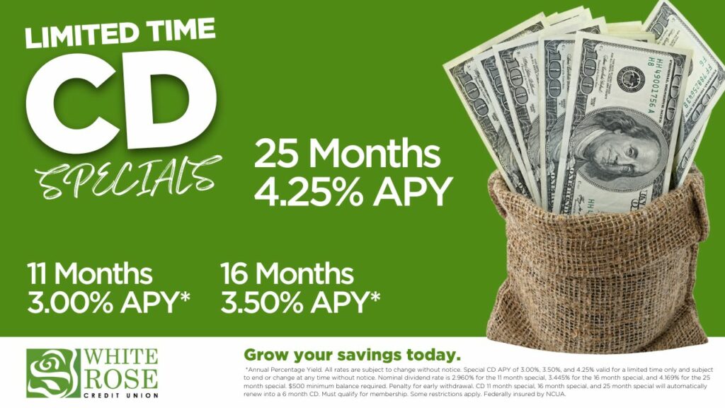 Limited time CD Specials. 25 Months at 4.25 APY*. 16 Months at 3.50% APY and 11 months at 3.00 APY*.